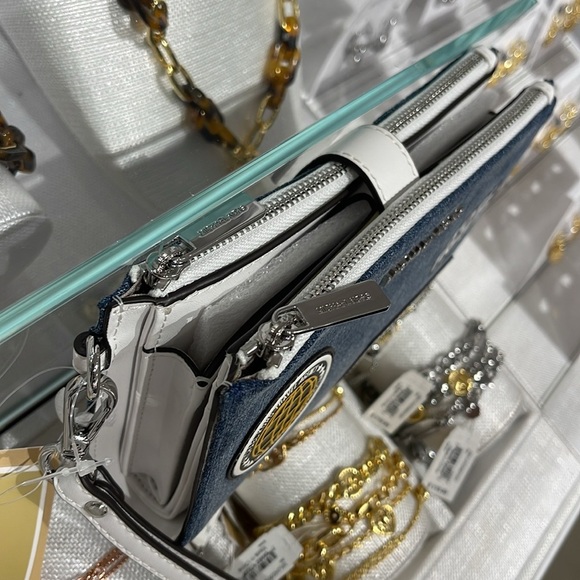 Michael Kors Jet Set Travel Lg Embellished Denim Wristlet Wallet Phone Patches - Picture 6 of 16